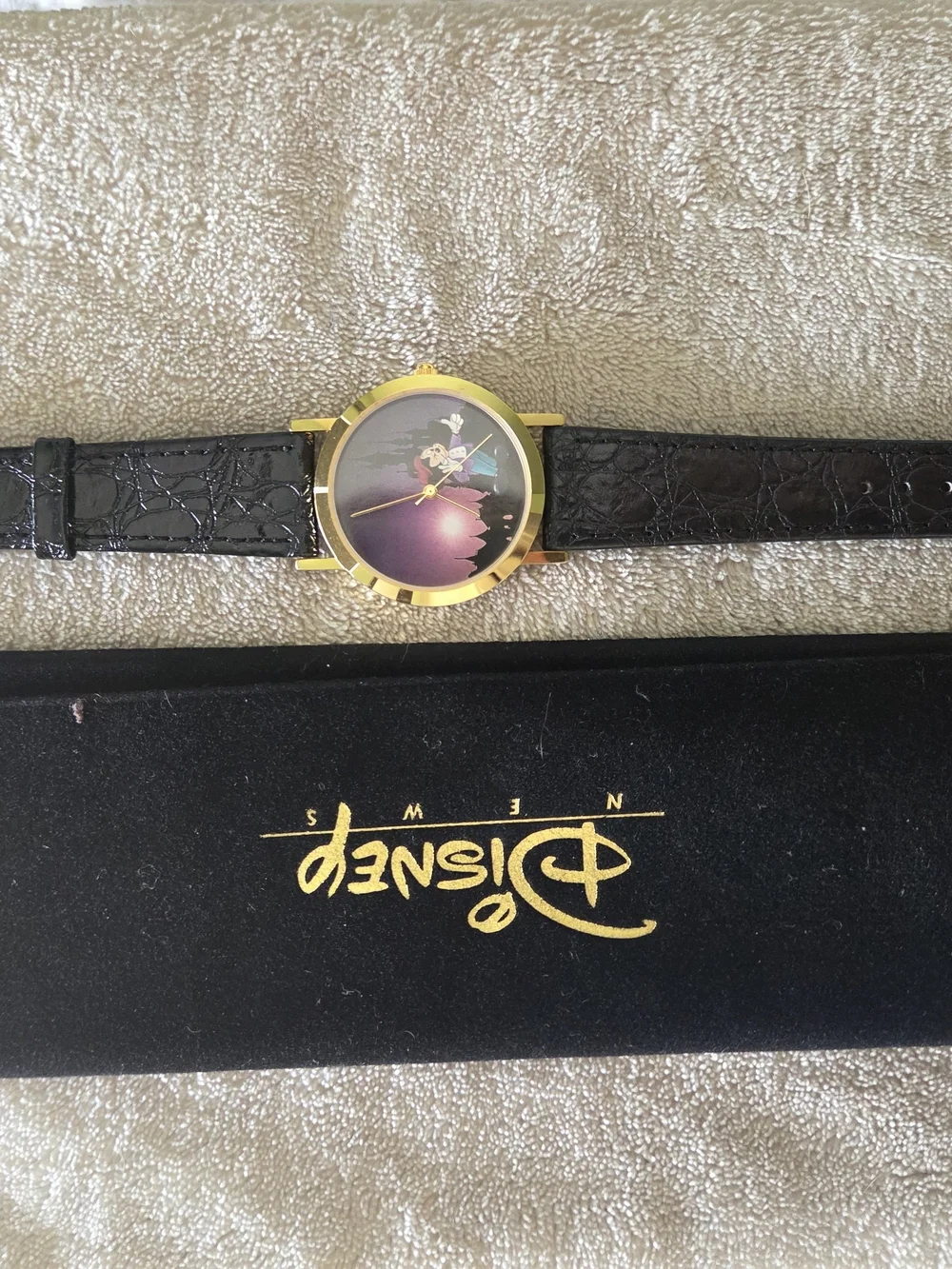 Disney Gold-Tone Case Black Leather Strap Men's Watch